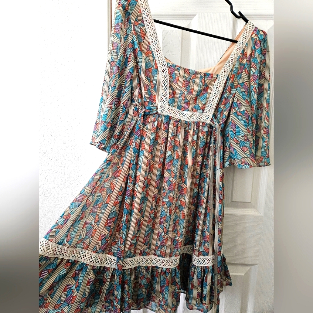 Bohemian Multicolor Dress with Lace Trim